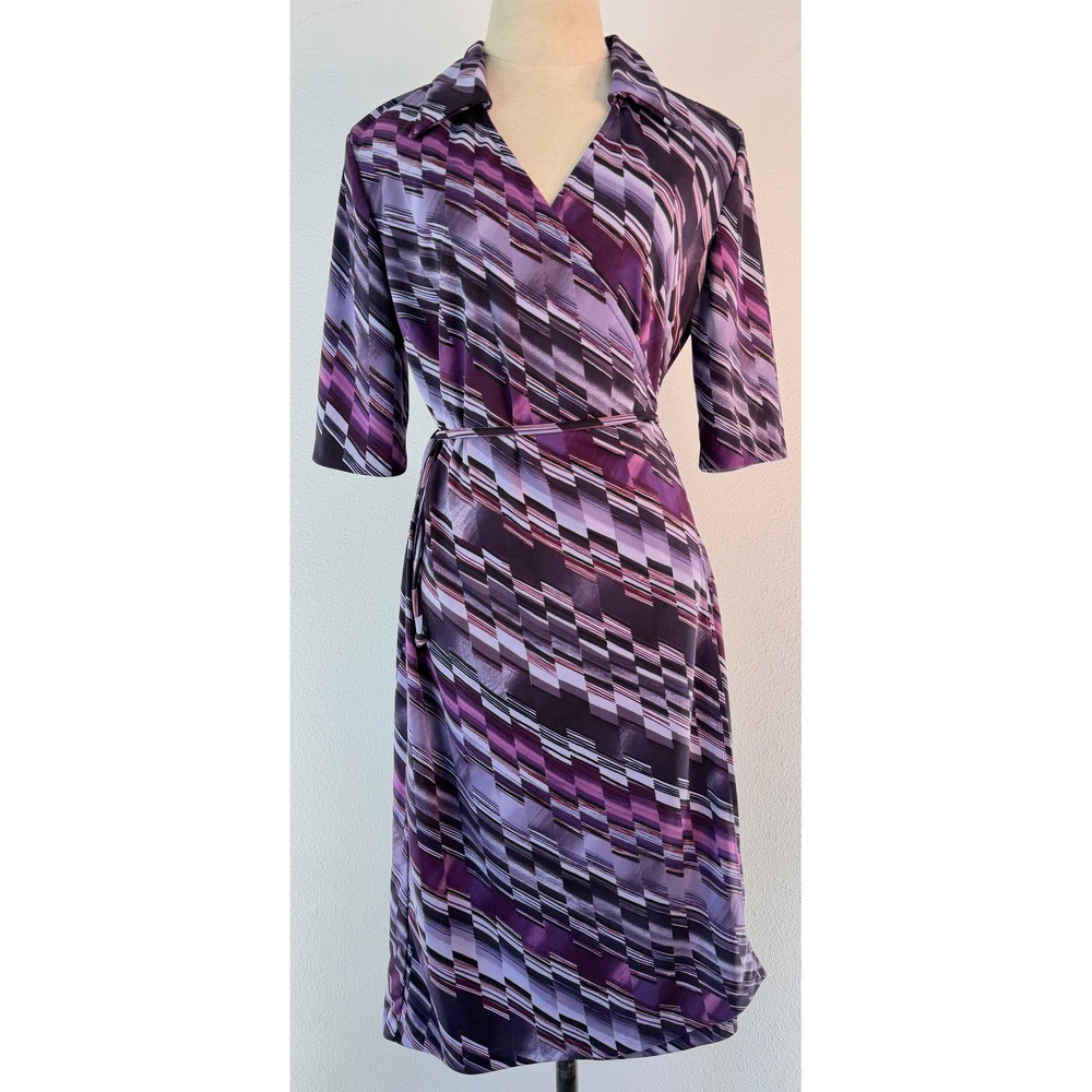 Vintage 90s Y2K California Concepts Abstract Purple Wrap Dress Geometric Mod L